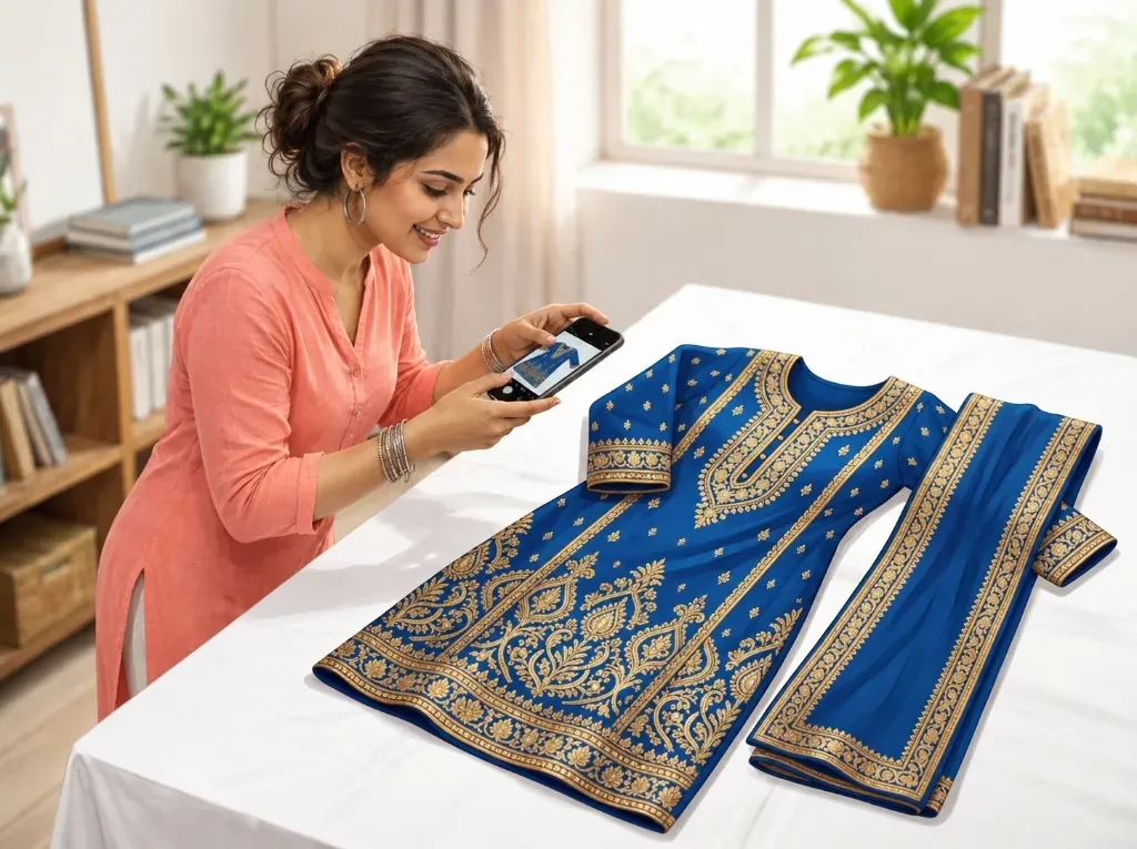Woman photographing designer kurti for custom tailoring