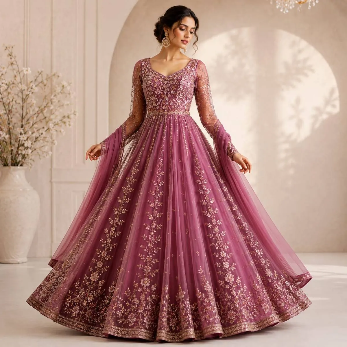 Full flared floor length organza lehenga choli dress